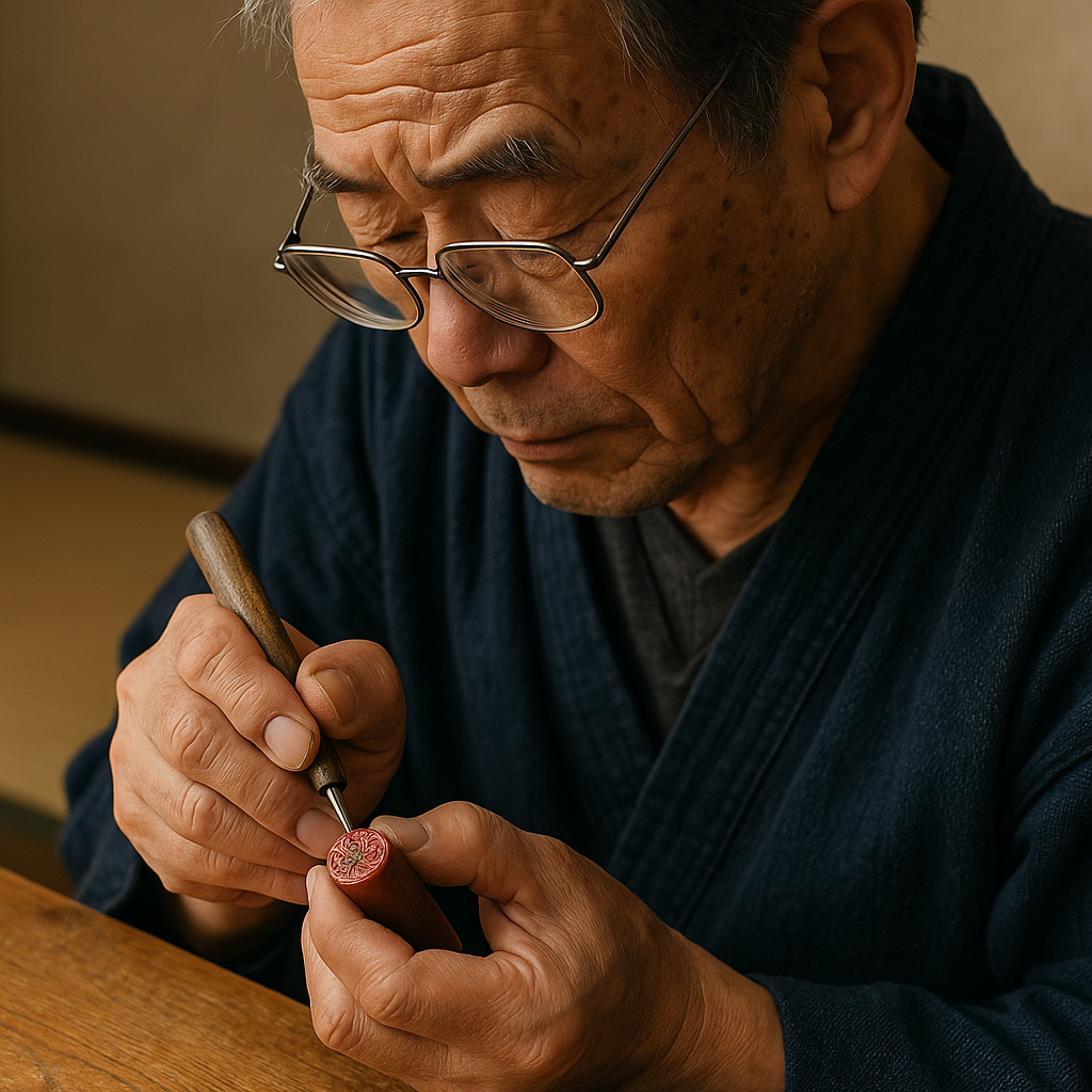 Japanski hanko majstor 判子職人 (hanko shokunin) Ilustracija japanskog majstora hanko pečata - 判子職人 (hanko shokunin)