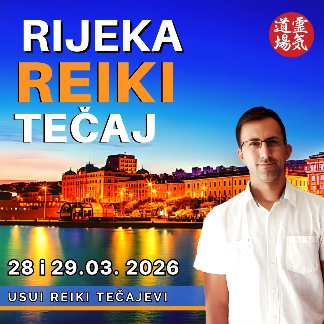 Prijavite se za Usui Reiki tečaj uživo u Rijeci, ožujak 2026. - Reiki Dojo. Reiki majstor učitelj Danijel Salijević na pozadini Rijeke najavljuje Usui Reiki tečaj uživo u organizaciji Reiki Dojo centra za 28. i 29. ožujka 2026.