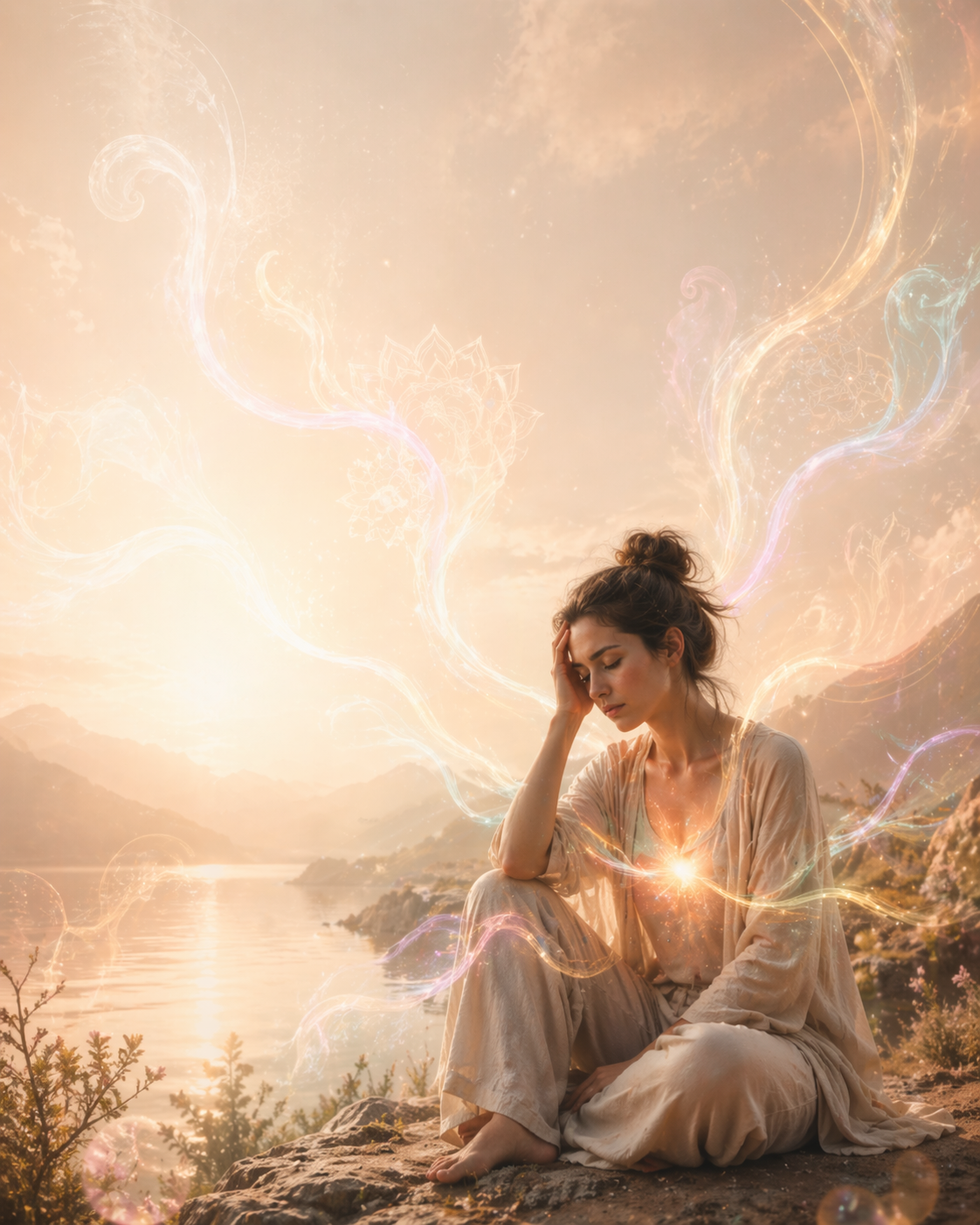 Žena sjedi uz jezero u tihom trenutku introspekcije, dok oko nje nježno teku svjetlosne energetske linije koje simboliziraju raspršenu energiju i potrebu za povratkom unutarnjem miru.