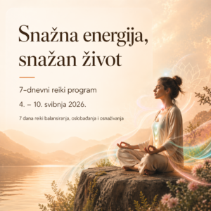 Žena sjedi uz jezero u tihom trenutku introspekcije, dok oko nje nježno teku svjetlosne energetske linije koje simboliziraju raspršenu energiju i potrebu za povratkom unutarnjem miru.
