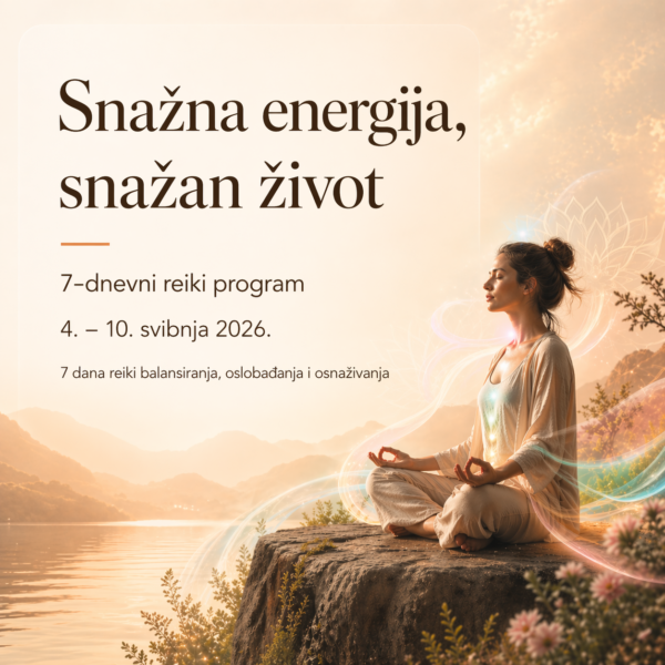 Žena sjedi uz jezero u tihom trenutku introspekcije, dok oko nje nježno teku svjetlosne energetske linije koje simboliziraju raspršenu energiju i potrebu za povratkom unutarnjem miru.