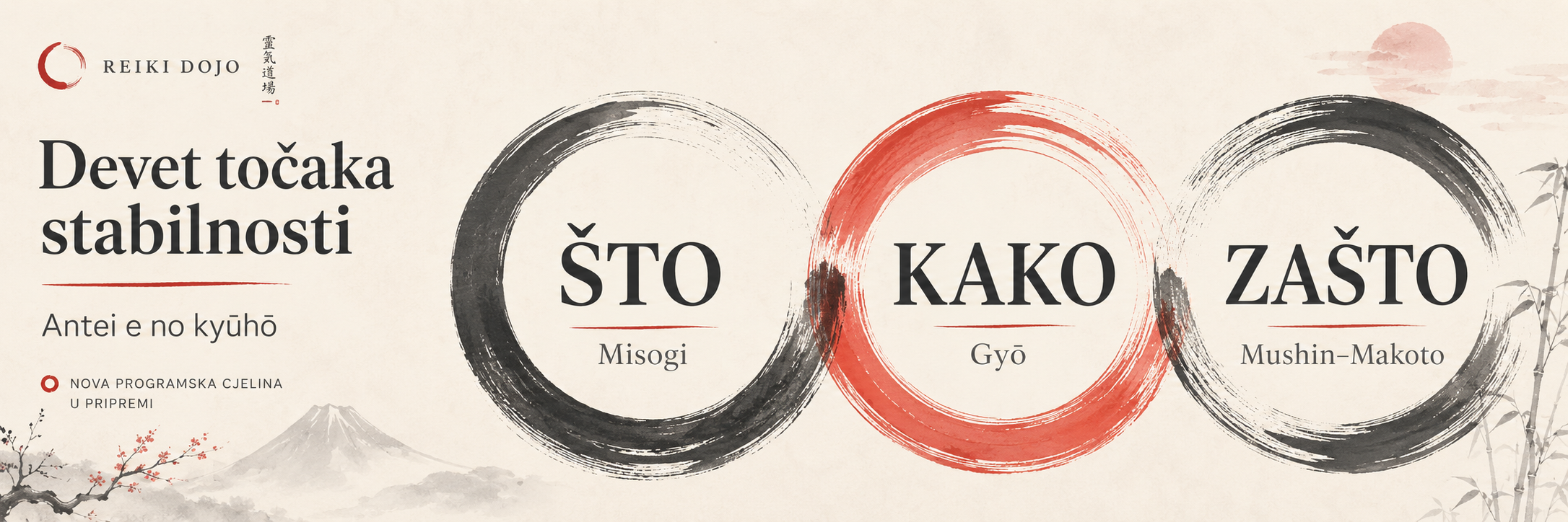 Najava lekcije Reiki Dojo škole o pojmu Antei koji označava stabilnost, uz prikaz japanske kaligrafije i učitelja Danijela Salijevića.