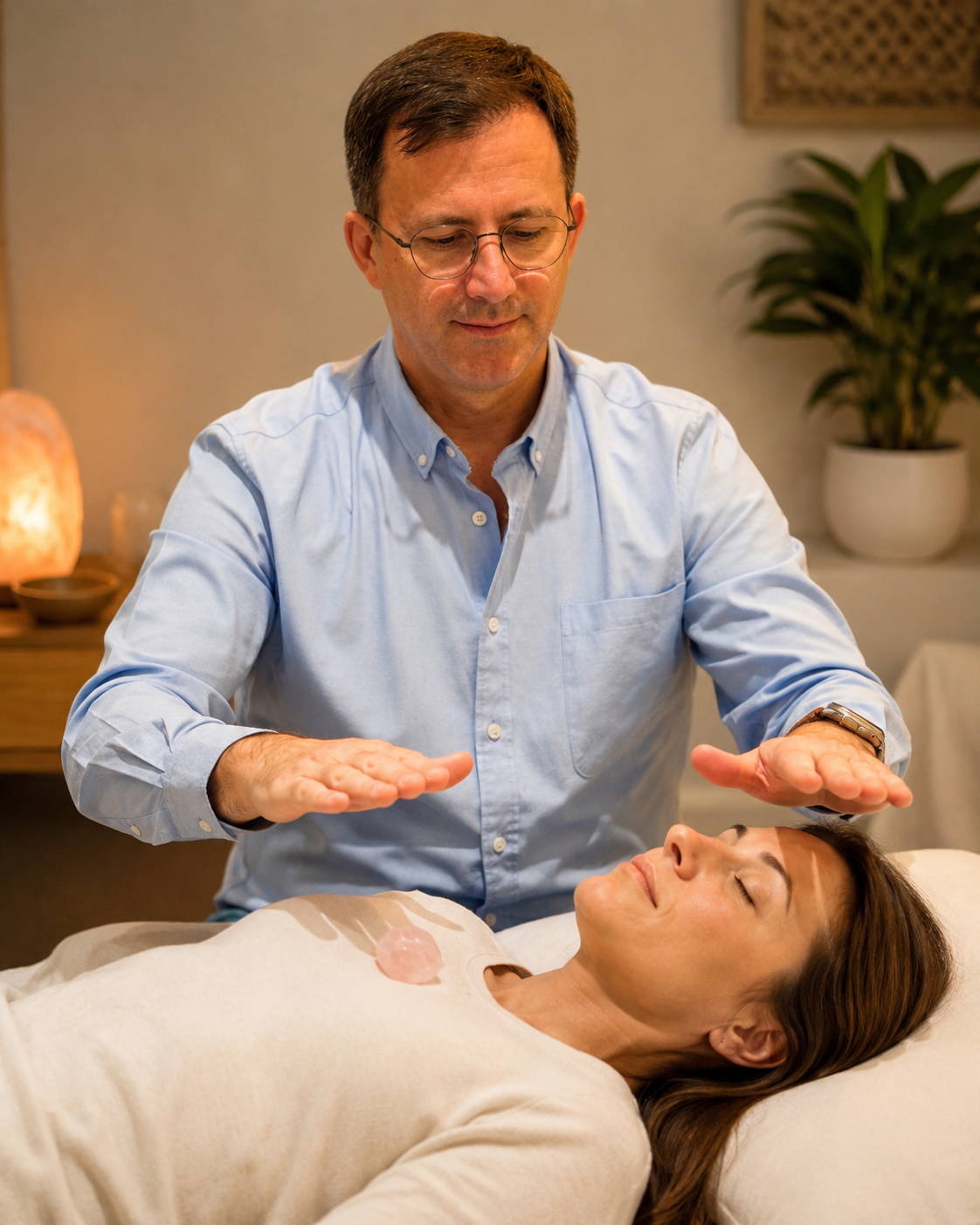Reiki terapeut izvodi reiki tretman dok osoba leži opušteno s rozenkvarcom položenim na područje srčane čakre.